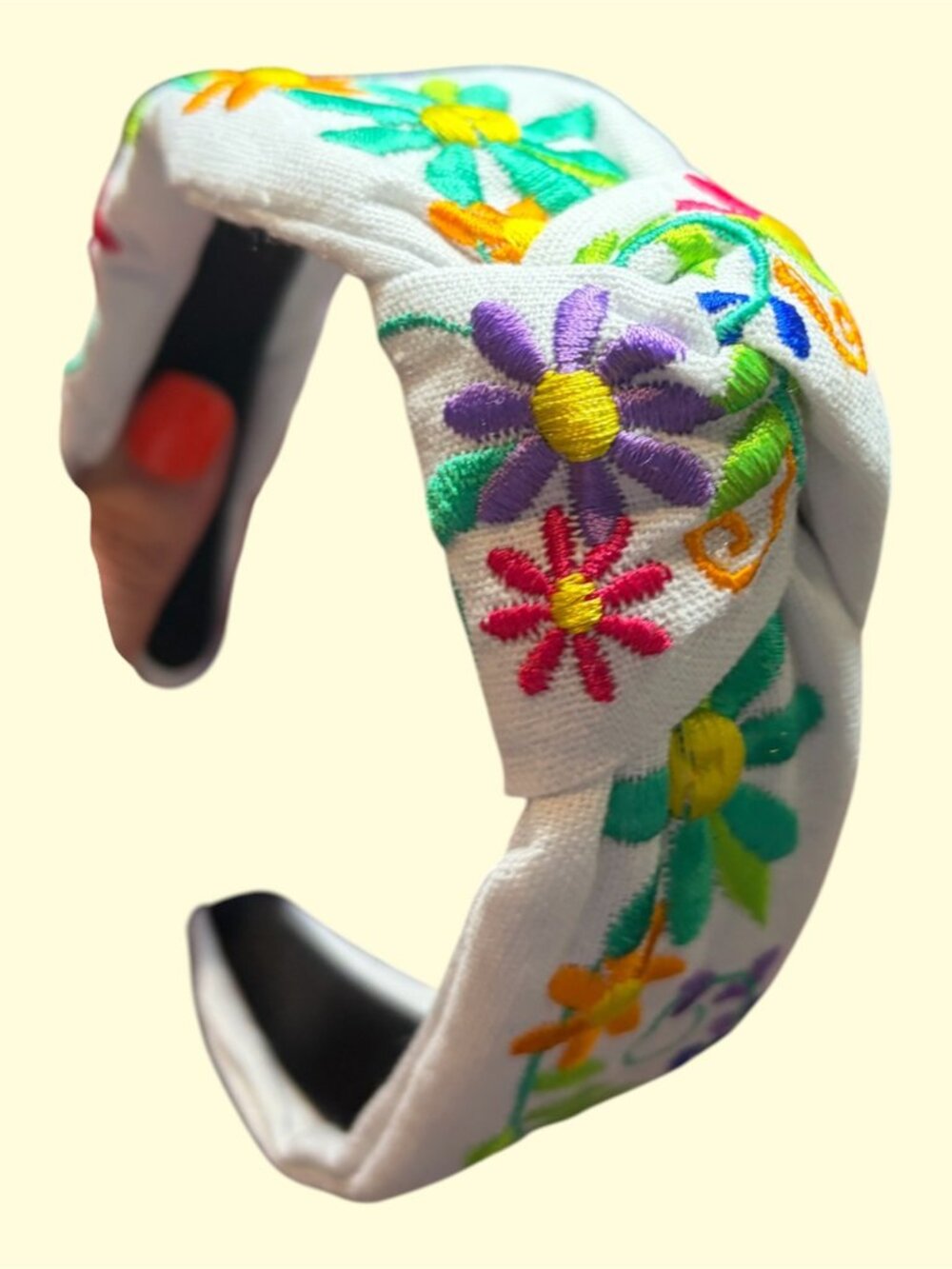 WHITE & MULTICOLOR EMBROIDERED HEADBAND